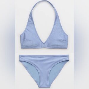 NWT Aerie FULL SET Shine Rib Halter Top + Full Coverage Bottom in Monaco Blue